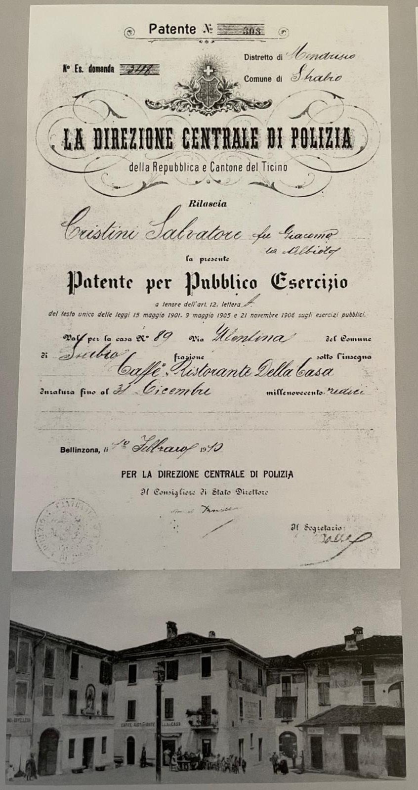 1910 Patente Esercizio Cristini Salvatore, Caffè Ristorante Della Casa