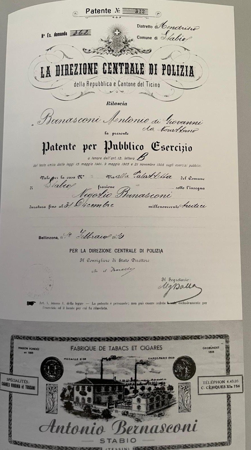 1910 Patente Esercizio Bernasconi Antonio, Negozio Bernasconi