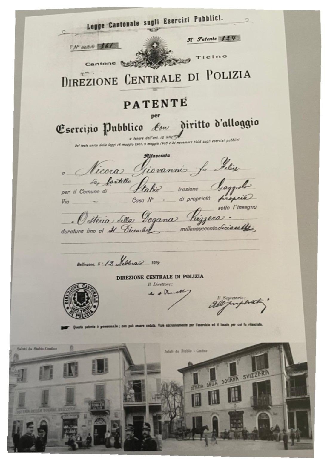 1914 Patente Esercizio Nicora Giovanni, Osteria della Dogana Svizzera