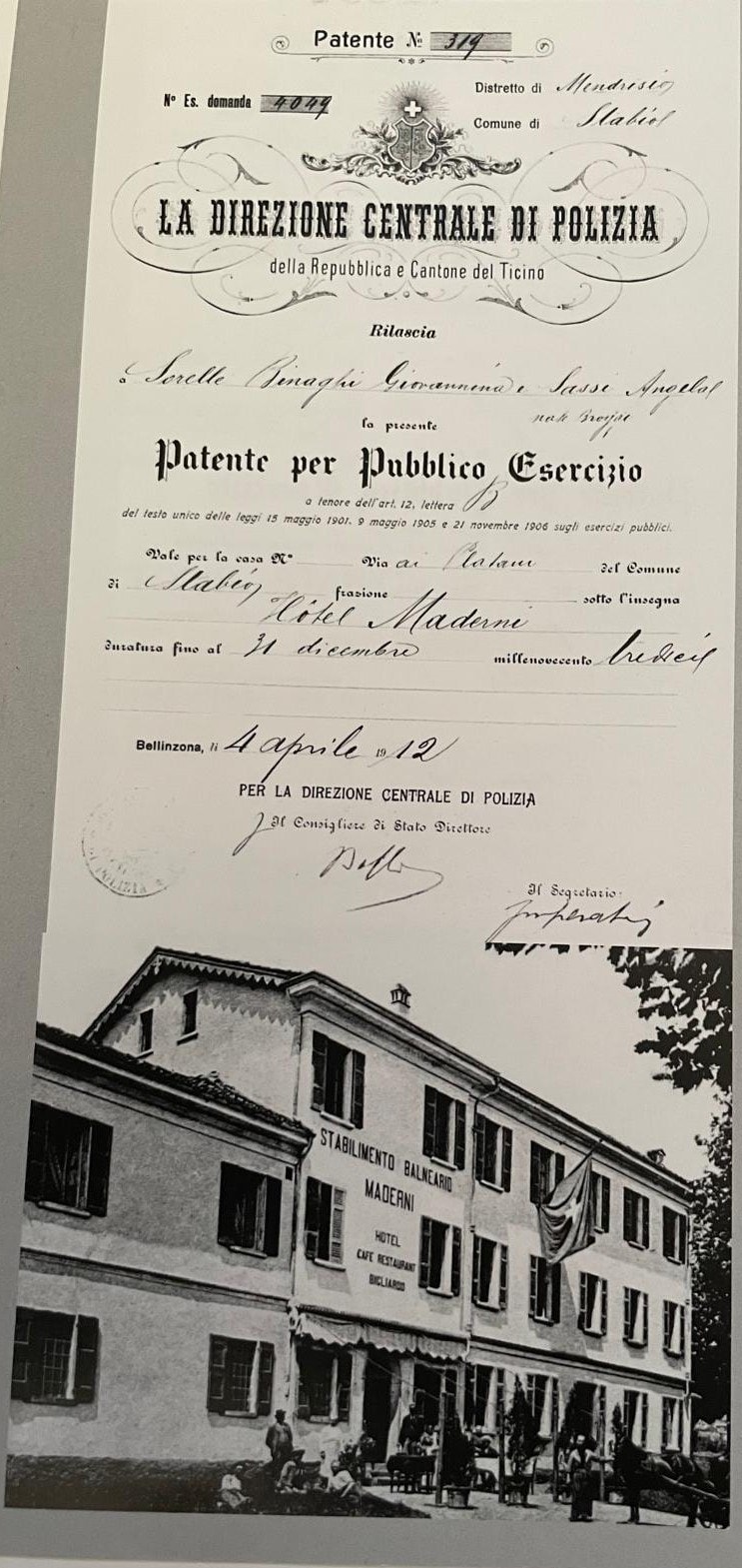 1912 Patente Esercizio Sorelle Binaghi, Hotel Maderni