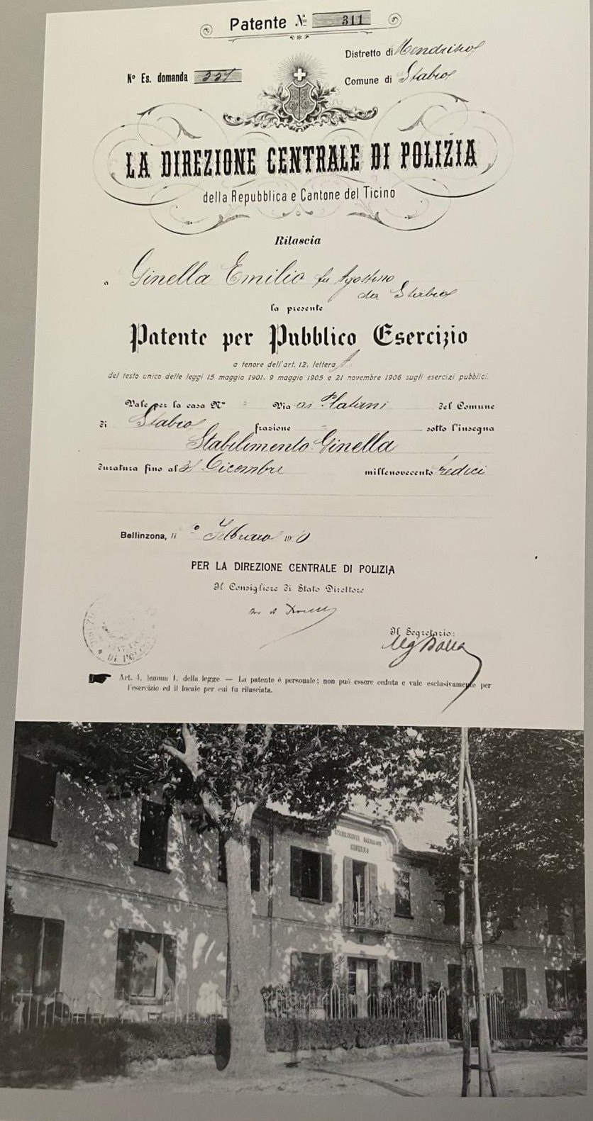 1900 Patente Esercizio Ginella Emilio, Stabilimento Ginella