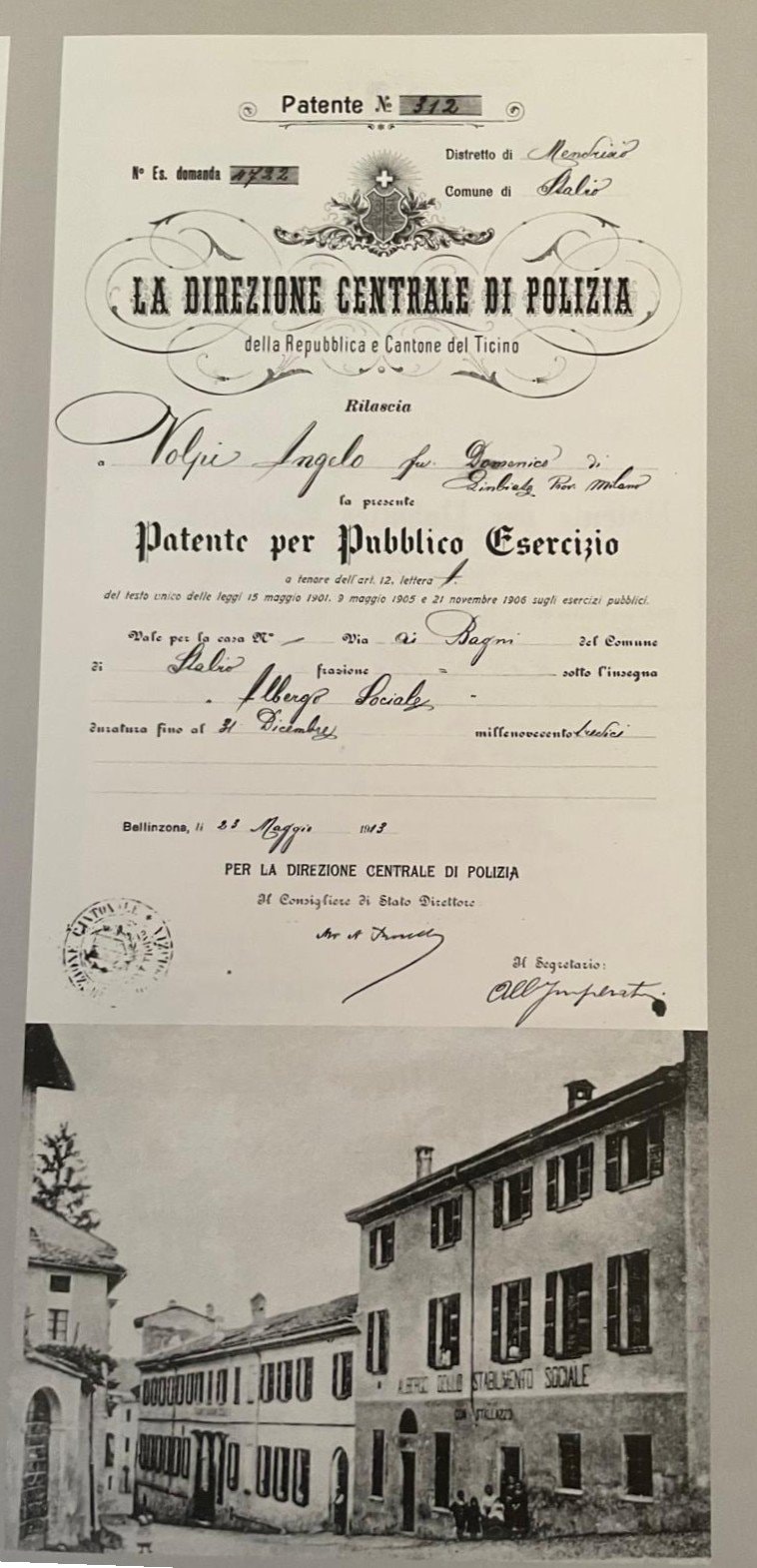 1913 Patente Esercizio Volpi Angelo, Albergo Sociale