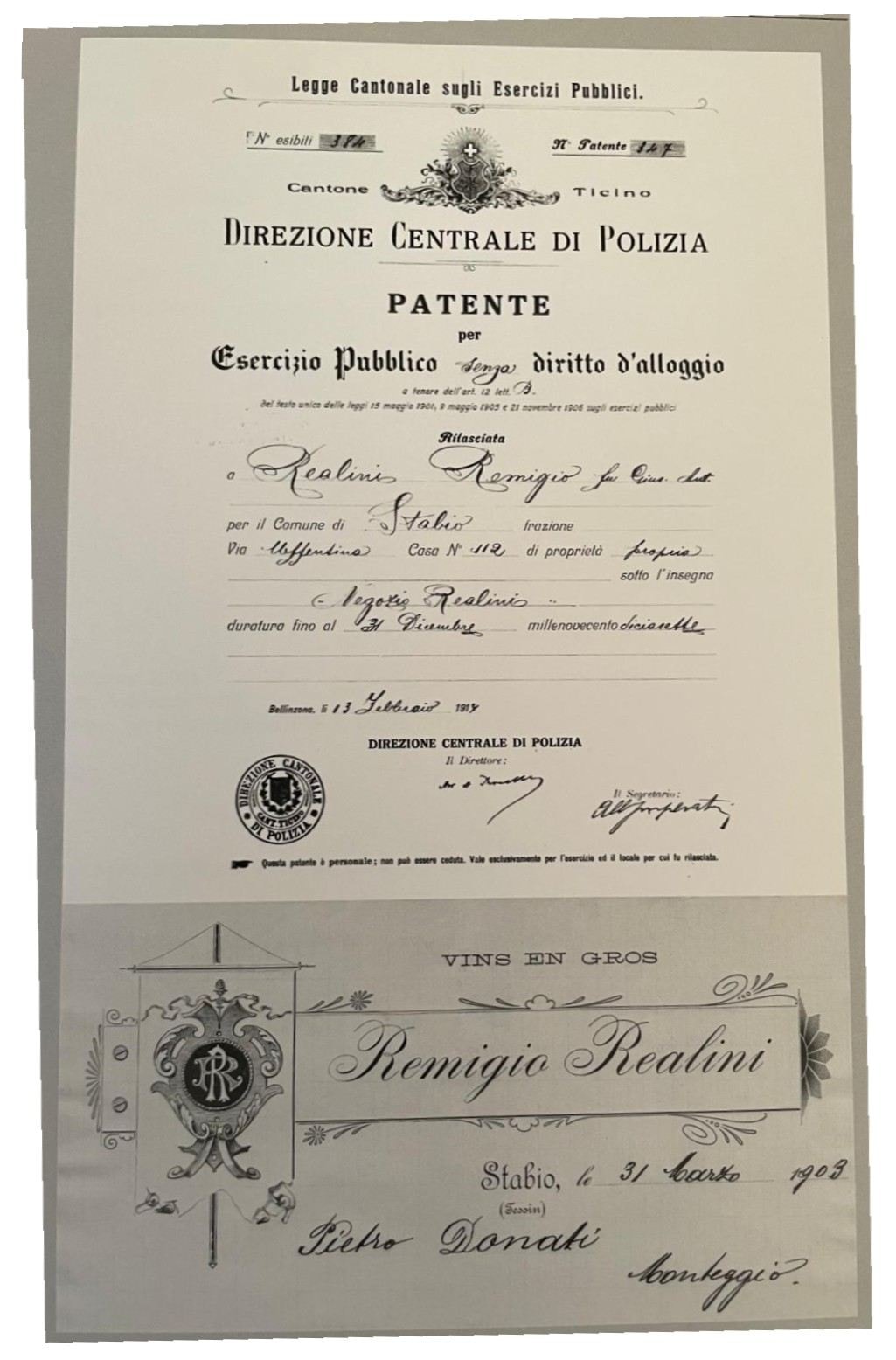 1908 Patente Esercizio, Remigio Realini, Negozio Realini