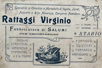 Inizio 900, DALLA SALUMERIA E MACELLERIA RATTAGGI ALLA SALUMERIA E MACELLERIA RAPELLI 30 settembre 1916 Proprietario della ditta Rattaggi Virginio, in Stabio, è Virginio Rattaggi, fu Michele da Mombello, (Lago Maggiore, Italia), domiciliato a Stabio, Salumeria e macelleria. 5 ottobre 1920 La ditta Rattaggi Virginio, salumeria e macelleria in Stabio è cancellata ad istanza degli eredi per decesso del titolare. 5 ottobre 1920 Proprietario della ditta Rattaggi Michele Angelo in Stabio è Michele Angelo Rattaggi, fu Virginio da Mombello, (Lago Maggiore, Italia), domiciliato a Stabio, Salumeria e macelleria. 9 aprile 1929 La ditta Rattaggi Michele-Angelo, salumeria e macelleria, in Stabio, è cancellata ad istanza del titolare per cessazione del commercio. 9 aprile 1929 Titolare della ditta individuale Mario Rapelli, in Stabio, è Mario Rapelli fu Battista, da Inverno (Pavia, Italia), domiciliato a Stabio. Salumeria e macelleria.
